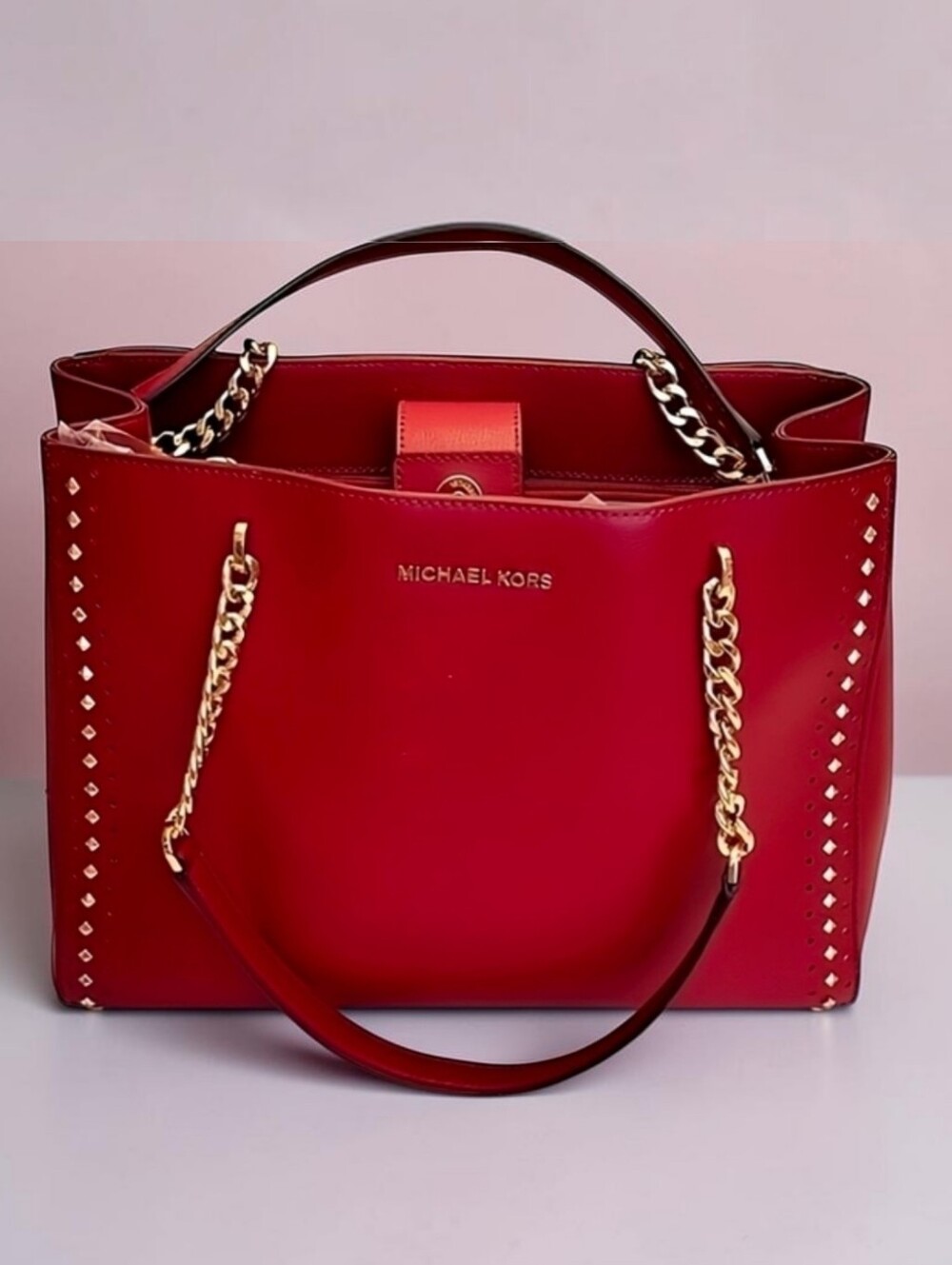 Beautiful MICHAEL KORS ELLIS Large Leather Burgundy Studded Tote Shows Like NEW